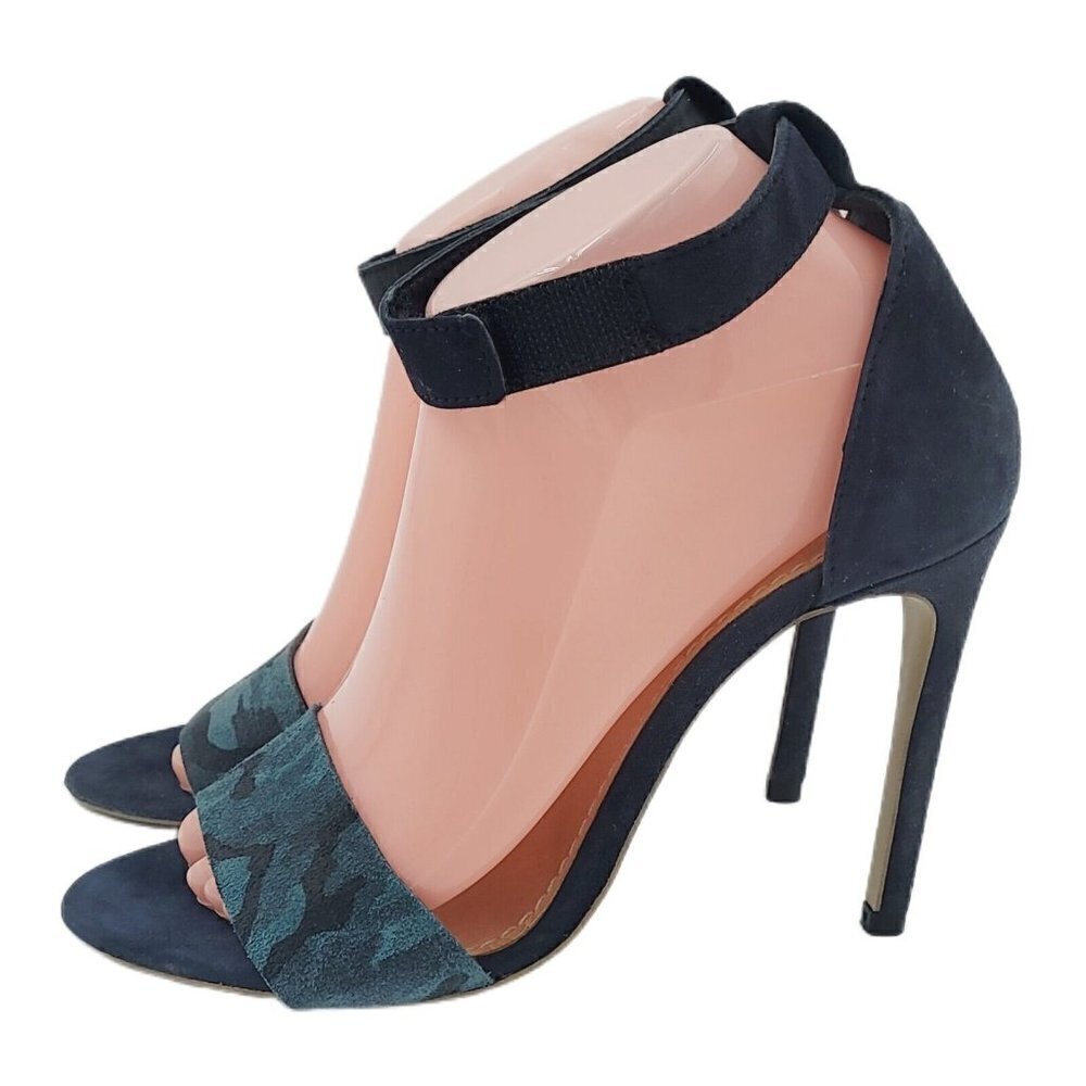 Won Hundred Blue Camo Ankle Strap Peep Toe Stiletto Heel Pumps Size 38 / US 8